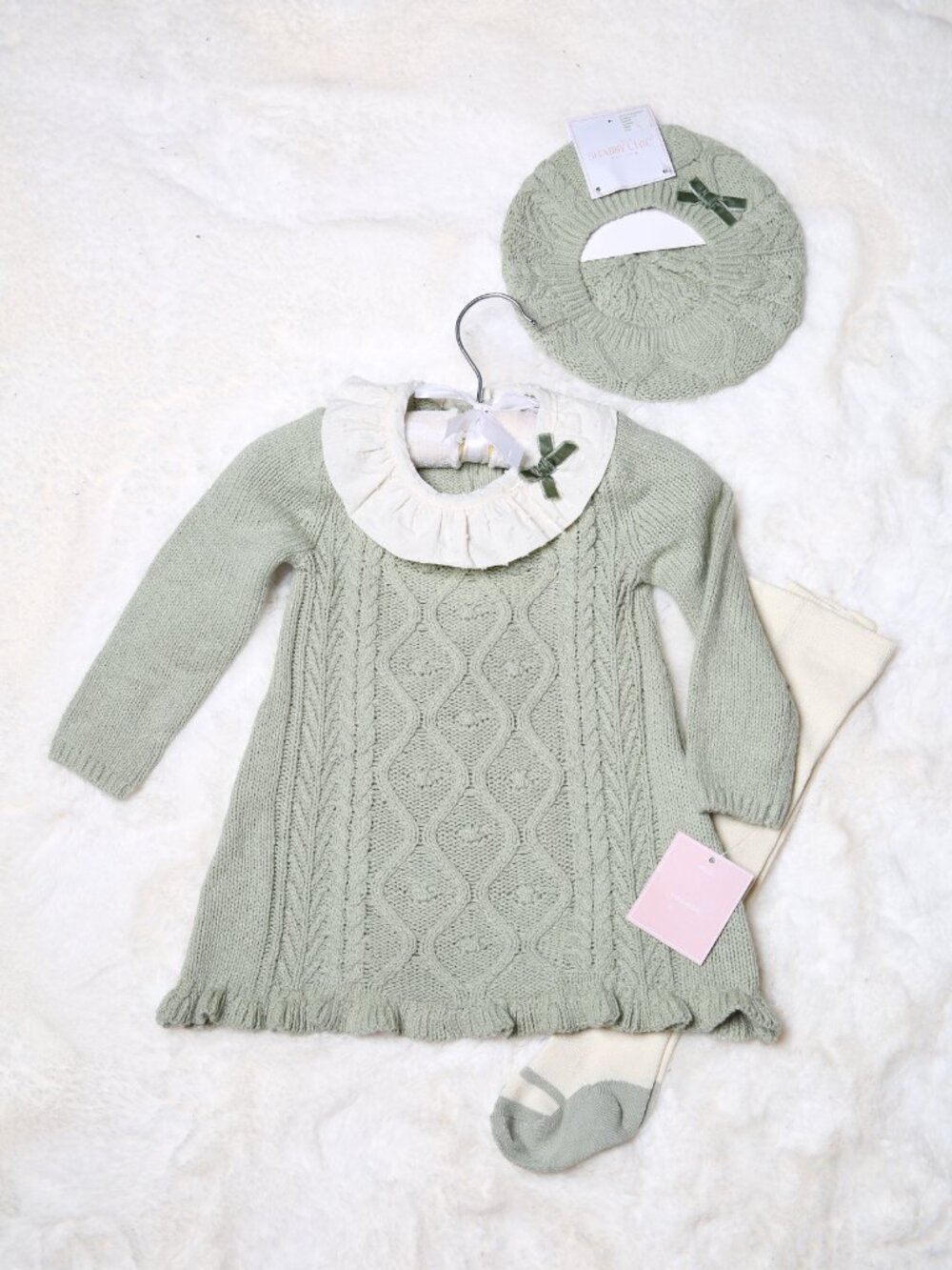 NEW Shabby Chic Sage Green Cable-Knit Baby Dress with Hat & Tights - Size 6-9M